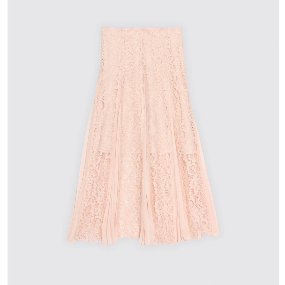 Sandro Pale Pink Pleated Detail Floral Lace Midi Skirt size 2 - Picture 6 of 14